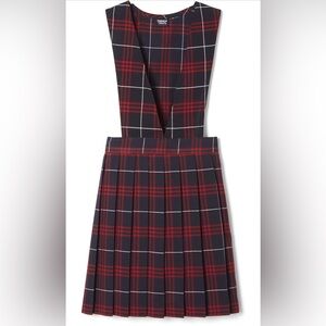 French Toast red/navy plaid pleated jumper dress
